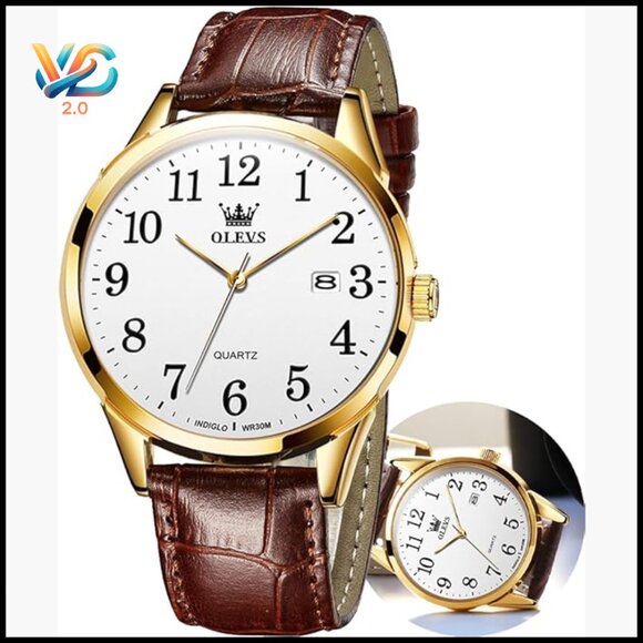 Large Face Leather Band Dress Watch with Date Day Quartz Movement